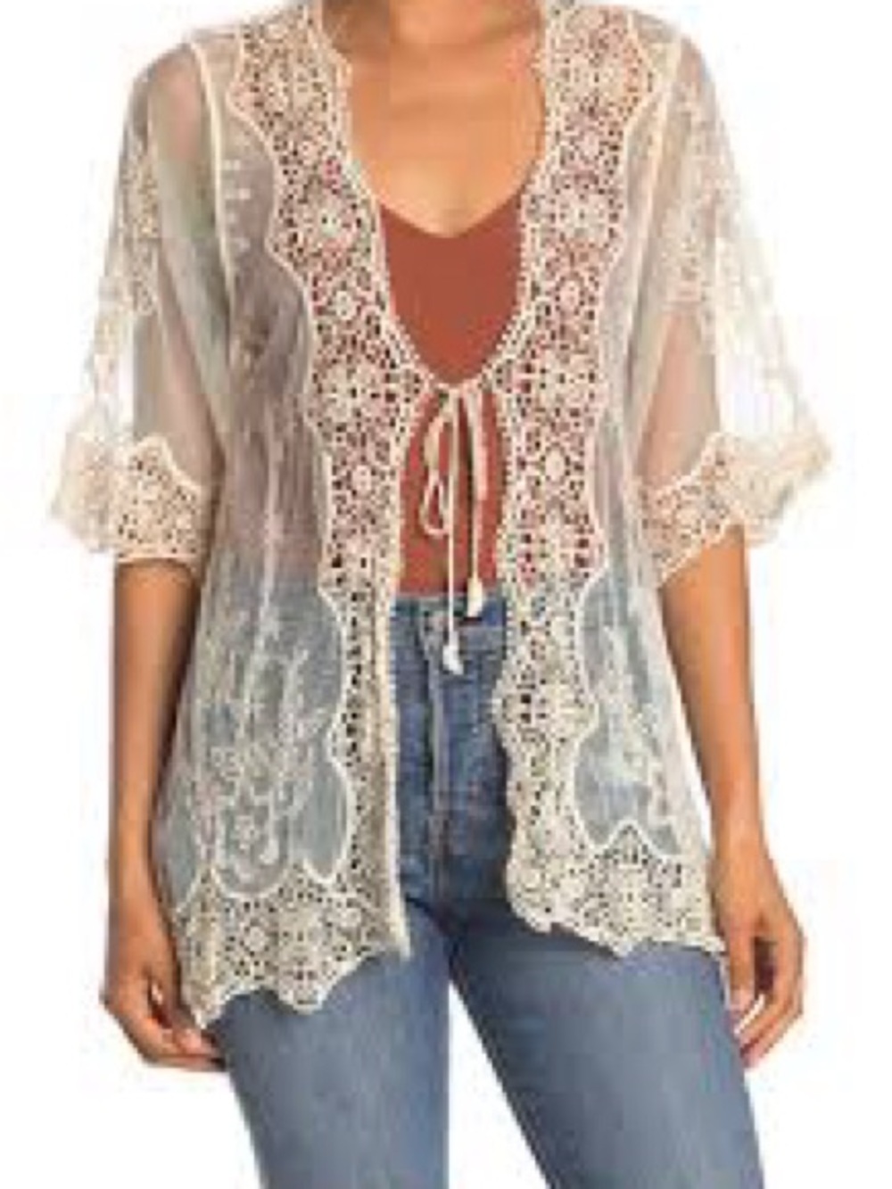 Sheer Lace tie front top in Cream
